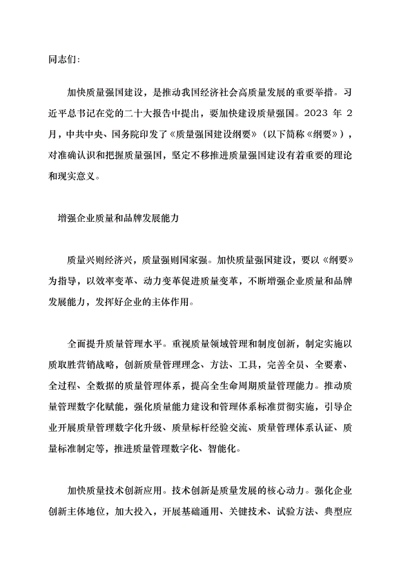 （領導發言）扎實推進質量強國建設黨課講稿